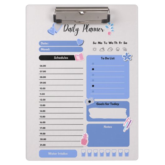 Soft Blue Daily Planner with Mood & Water Track Klembord (Voorkant)