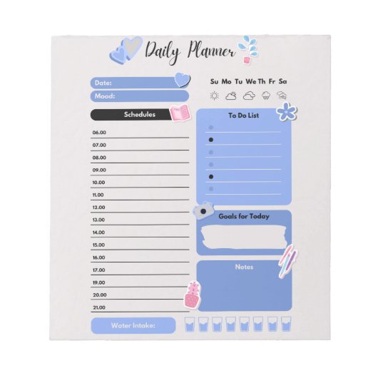 Soft Blue Daily Planner with Mood & Water Track Notitieblok (Voorkant)
