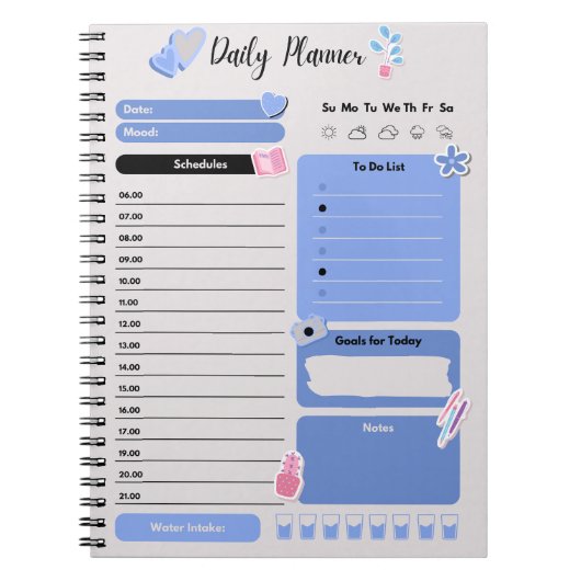 Soft Blue Daily Planner with Mood & Water Track Notitieboek (Voorkant)