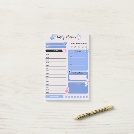 Soft Blue Daily Planner with Mood & Water Track Post-it® Notes (Op bureau)