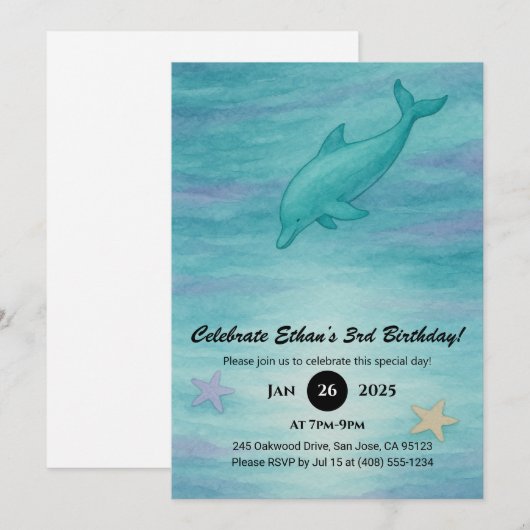 Soft Blue Dolphin & Starfish Ocean Birthday Kaart (Voorkant / Achterkant)