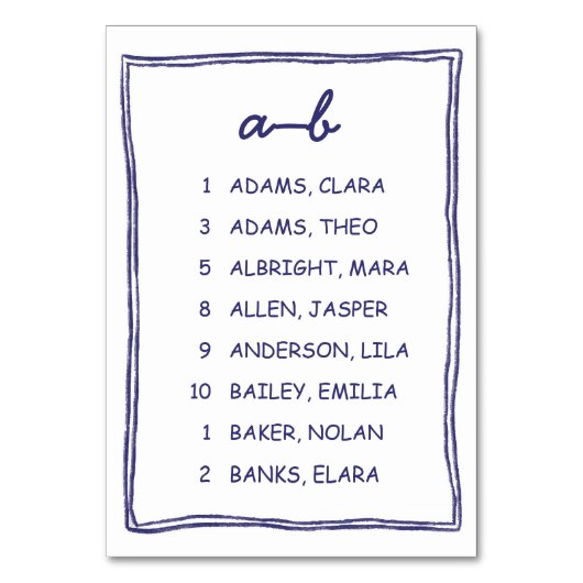 Soft Blue Doodle Wedding Seating Chart Card Kaart (Voorkant)