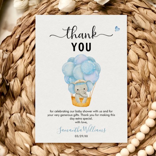 Soft Blue Elephant Hete Luchtballon Baby shower Bedankkaart