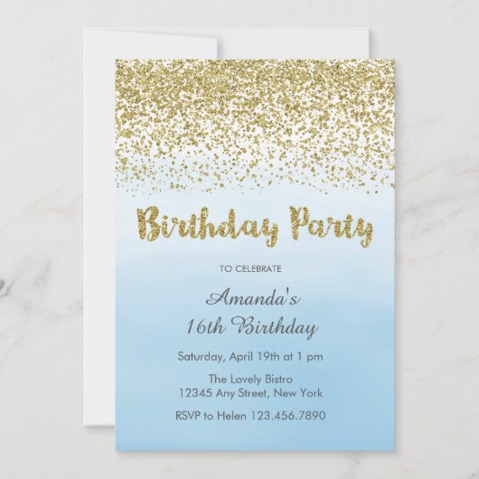 Soft Blue en Gold Birthday Invitation Kaart (Voorkant)