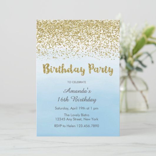 Soft Blue en Gold Birthday Invitation Kaart (Staand voorkant)