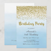 Soft Blue en Gold Birthday Invitation Kaart (Voorkant / Achterkant)