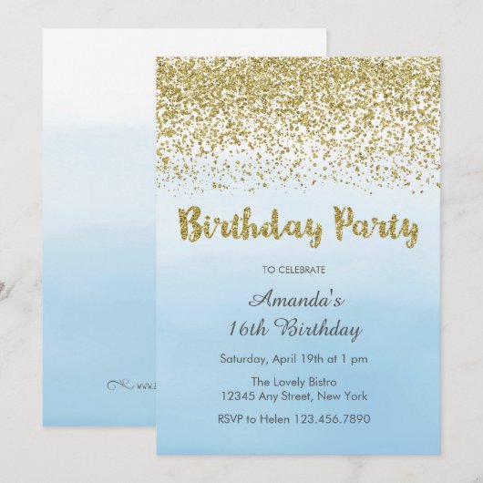 Soft Blue en Gold Birthday Invitation Kaart (Voorkant / Achterkant)