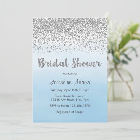 Soft Blue en Silver Bridal Shower Invitation Kaart (Staand voorkant)