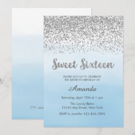Soft Blue en Silver Sweet 16 Birthday Invitation Kaart
