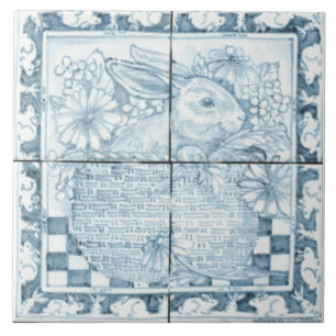 Soft Blue en White Antiek look Bunny Rabbit Basket Tegeltje
