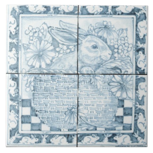 Soft Blue en White Antiek look Bunny Rabbit Basket Tegeltje (Voorkant)