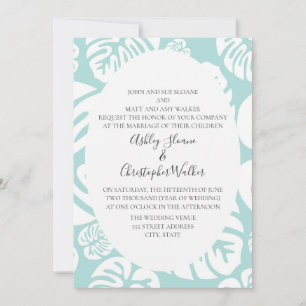 Soft Blue en White Tropical Leaves Wedding Kaart