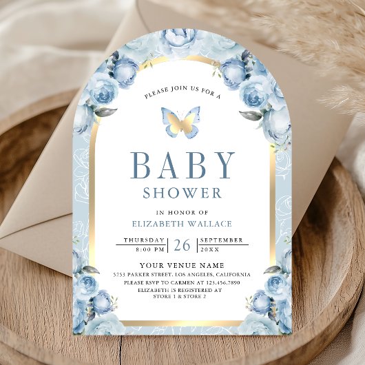 Soft Blue Floral Arch Butterfly Baby shower Kaart