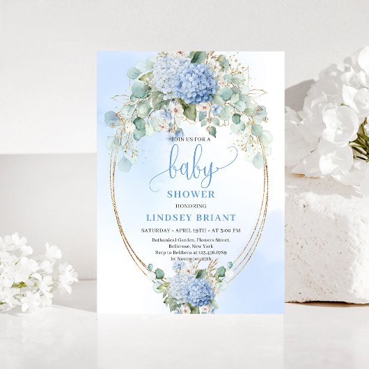 Soft Blue Floral Baby Shower Invitation Gold Kaart