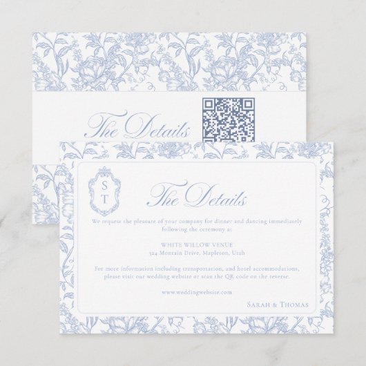 Soft Blue Floral Chinoiserie Details QR code Informatiekaartje (Voorkant / Achterkant)