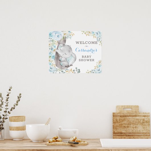 Soft Blue Floral Elephant Baby shower Welkom Poster (Keuken)
