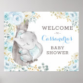 Soft Blue Floral Elephant Baby shower Welkom Poster (Voorkant)
