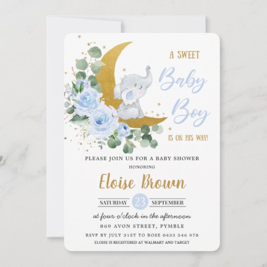 Soft Blue Floral Elephant Sweet Baby Boy Shower Kaart (Voorkant)