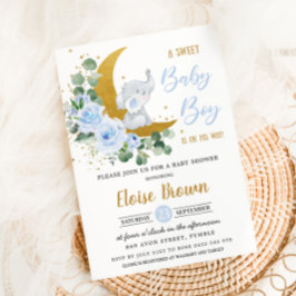 Soft Blue Floral Elephant Sweet Baby Boy Shower Kaart