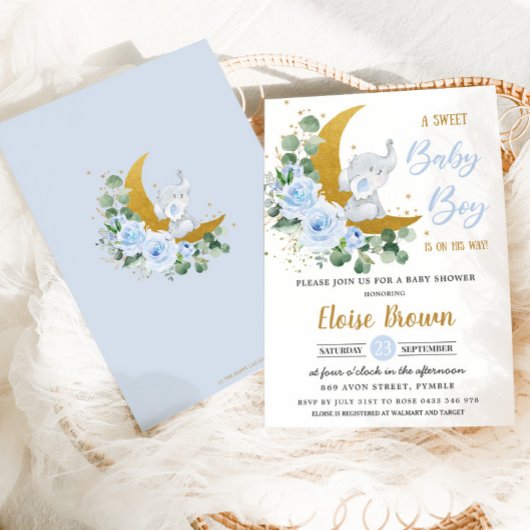 Soft Blue Floral Elephant Sweet Baby Boy Shower Kaart