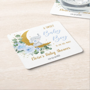 Soft Blue Floral Elephant Sweet Baby Boy Shower Kartonnen Onderzetters