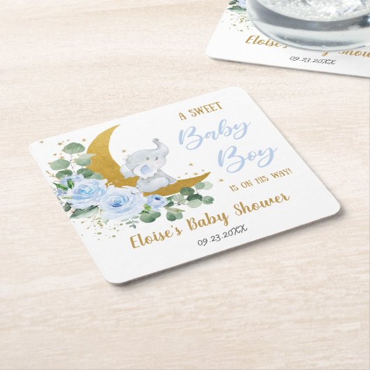 Soft Blue Floral Elephant Sweet Baby Boy Shower Kartonnen Onderzetters (Schuin)