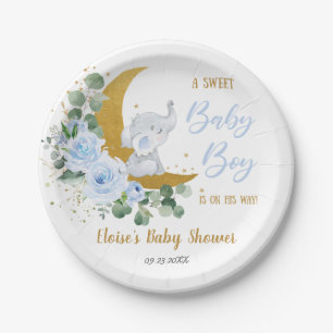 Soft Blue Floral Elephant Sweet Baby Boy Shower Papieren Bordje
