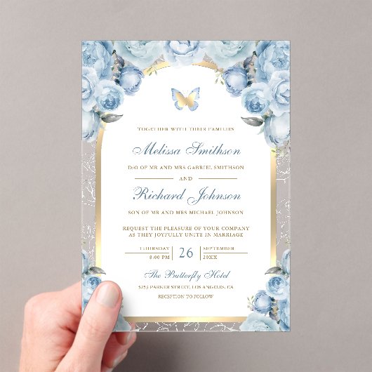 Soft Blue Floral Gold Arch Butterfly Wedding Acryl Uitnodigingen (Insitu (Draagbaar))