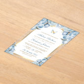 Soft Blue Floral Gold Arch Butterfly Wedding Acryl Uitnodigingen (Laagn)