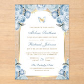 Soft Blue Floral Gold Arch Butterfly Wedding Acryl Uitnodigingen (Voorkant)