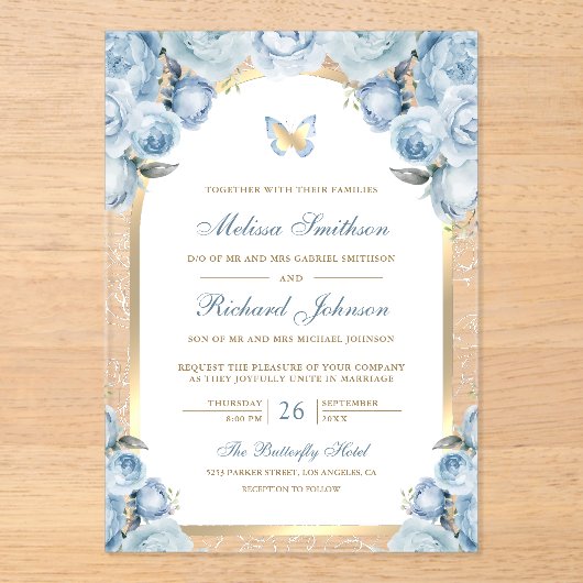 Soft Blue Floral Gold Arch Butterfly Wedding Acryl Uitnodigingen (Voorkant)