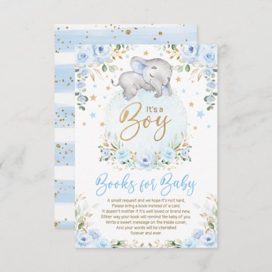 Soft Blue Gold Elephant Books for Baby Boy Informatiekaartje (Voorkant / Achterkant)