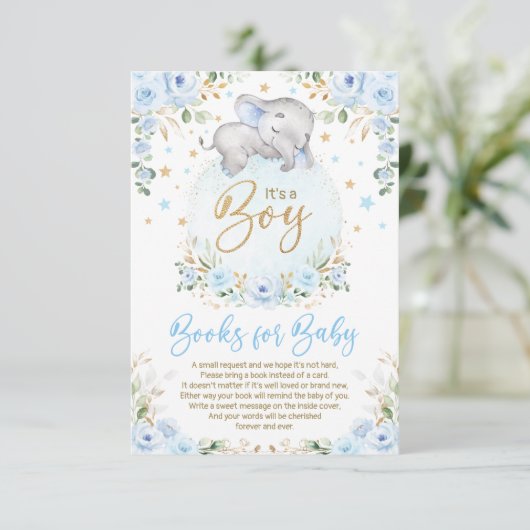 Soft Blue Gold Elephant Books for Baby Boy Informatiekaartje (Staand voorkant)