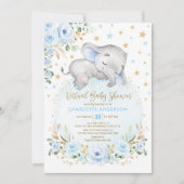 Soft Blue Gold Floral Elephant Virtual Baby shower Kaart (Voorkant)