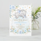 Soft Blue Gold Floral Elephant Virtual Baby shower Kaart (Staand voorkant)
