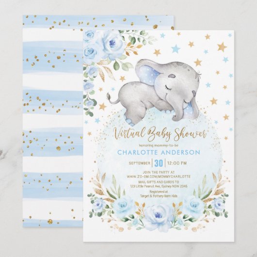 Soft Blue Gold Floral Elephant Virtual Baby shower Kaart (Voorkant / Achterkant)