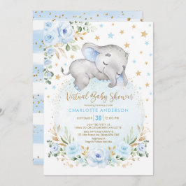 Soft Blue Gold Floral Elephant Virtual Baby shower Kaart
