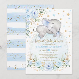 Soft Blue Gold Floral Elephant Virtual Baby shower Kaart