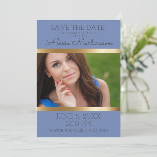Soft Blue Gold Graduparty Opslagdatum Foto Save The Date (Staand voorkant)