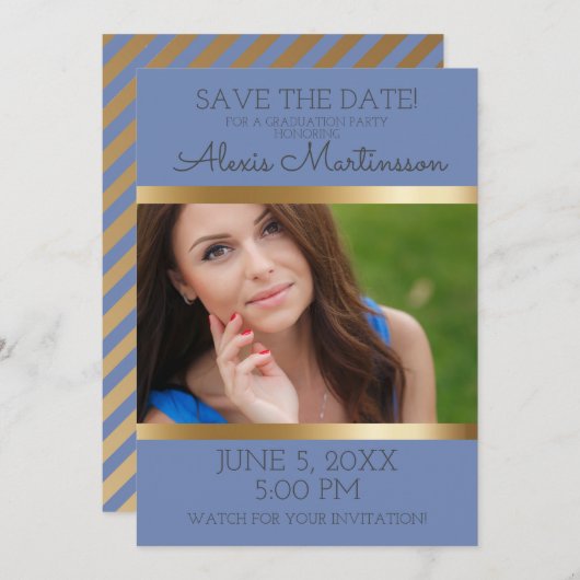 Soft Blue Gold Graduparty Opslagdatum Foto Save The Date (Voorkant / Achterkant)