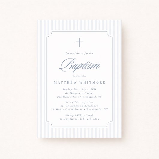 Soft Blue-Gray Striped Baptism Invitation Kaart