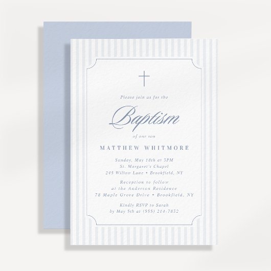 Soft Blue-Gray Striped Baptism Invitation Kaart