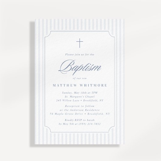 Soft Blue-Gray Striped Baptism Invitation Kaart