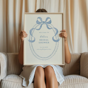 Soft Blue Hand Drawn Bow Vrijgezellenfeest Welkom Poster