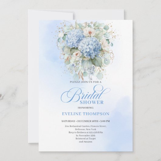 Soft Blue Hydrangea Gold Bridal Shower Invitation Kaart (Voorkant)