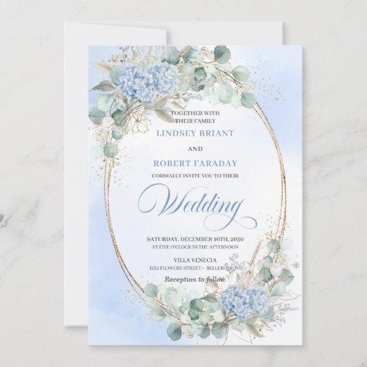 Soft Blue Hydrangea Wheat Gold Elegant Wedding  Kaart (Voorkant)