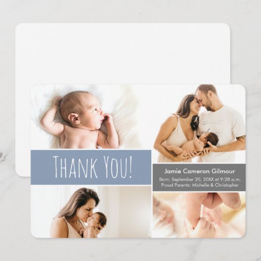 Soft Blue Modern Baby Photo Collage Bedankkaart (Voorkant / Achterkant)