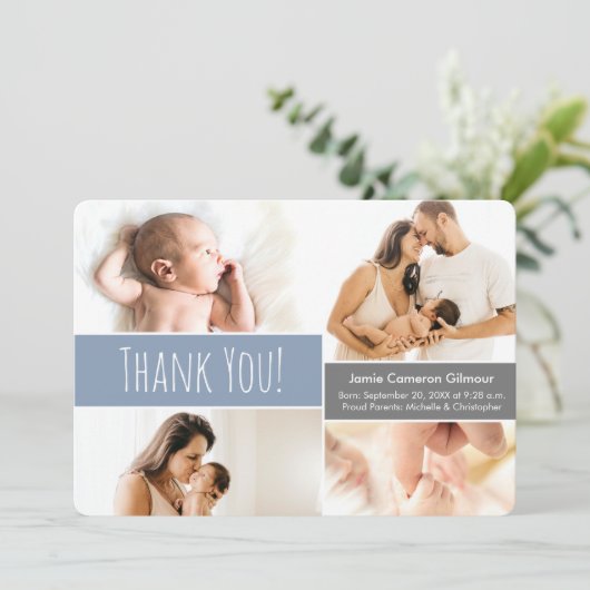 Soft Blue Modern Baby Photo Collage Bedankkaart (Staand voorkant)