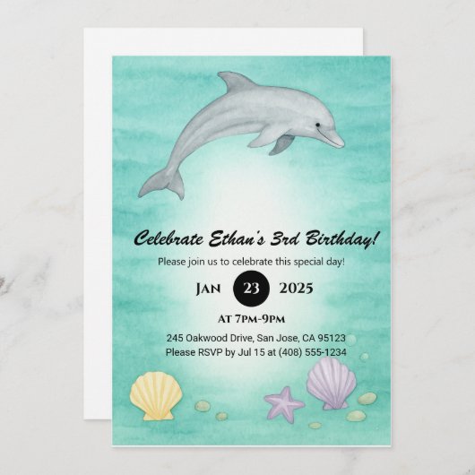 Soft Blue Ocean Dolphin Illustration Birthday  Kaart (Voorkant / Achterkant)