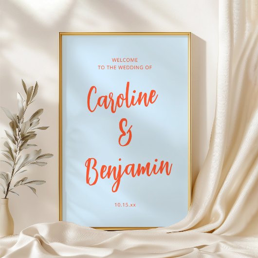 Soft Blue Orange Script NamesWedding Welcome Sign  Poster
